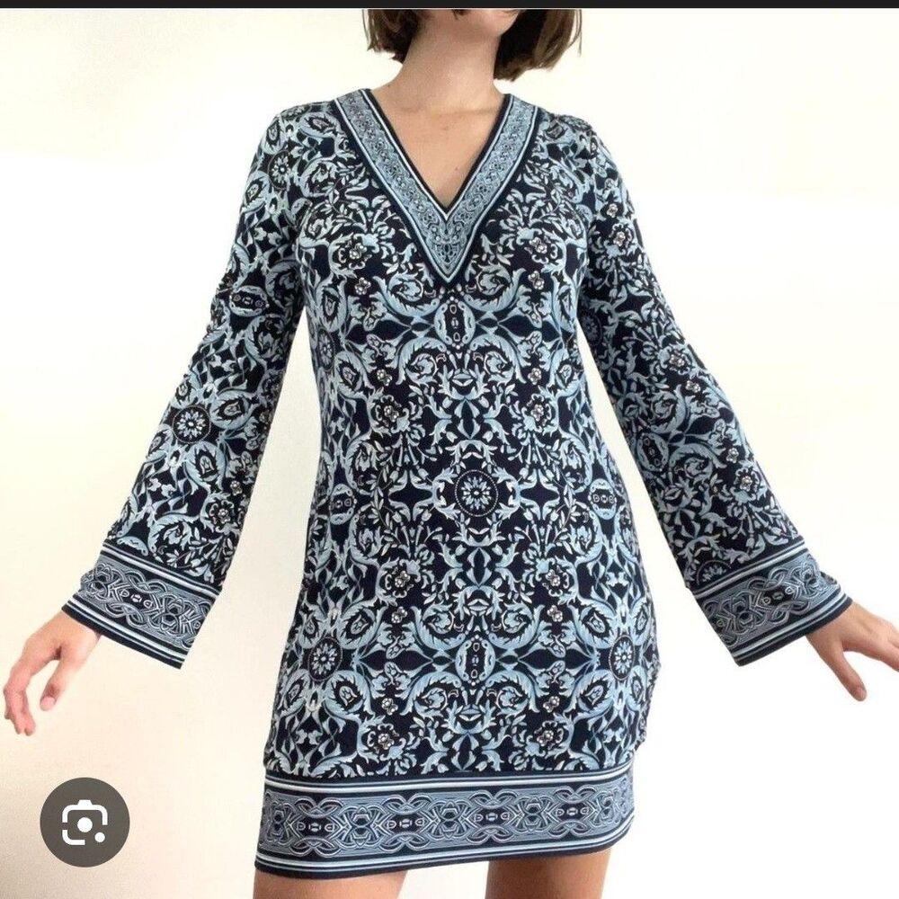 White House Black Market Blue Baroque Print Bell Sleeve Shift Dress Size Small